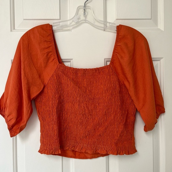 NWOT Paper Crane Rust Orange Puff Sleeve Tie Front Crop Top M - Picture 6 of 10